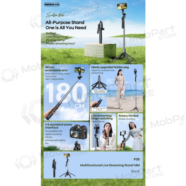 Selfiestick Remax P30 1.8m zwart