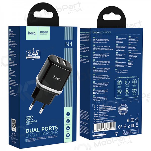 Lader Hoco N4 x 2 USB  jungtimis (2.4A) (zwart)