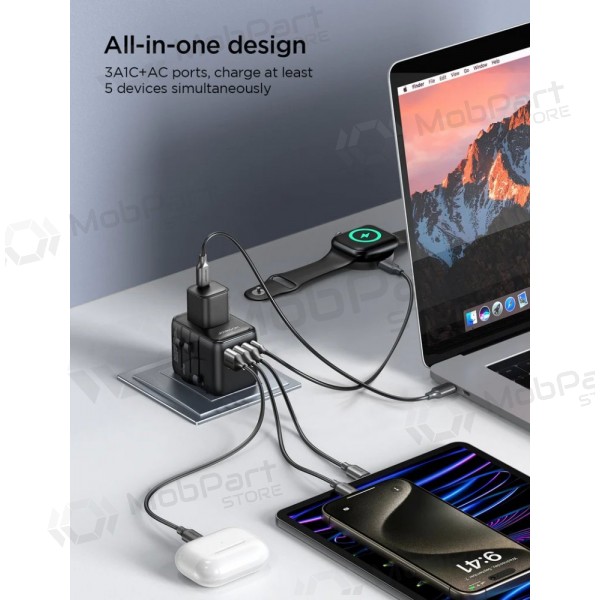 Universeel kelioninis lader Joyroom JR-TCW01 3xUSB-A/USB-C zwart
