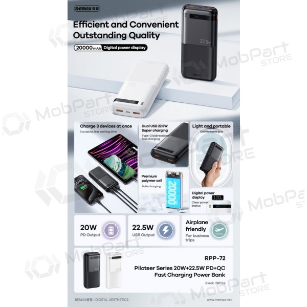 Externe batterij Power Bank Remax RPP-72 22.5W 20000mAh zwart