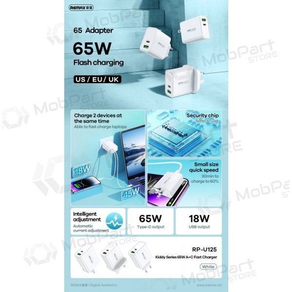 Lader Remax RP-U125 65W GaN USB-C/USB-A wit