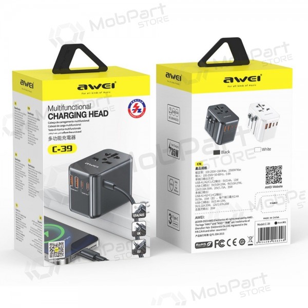 Universeel kelioninis lader Awei C-39 GaN 35W 2xUSB-A/3xUSB-C zwart