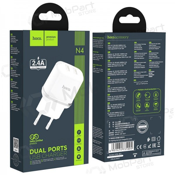 Oplader Hoco N4 met 2 USB-poorten (2.4A) (wit)