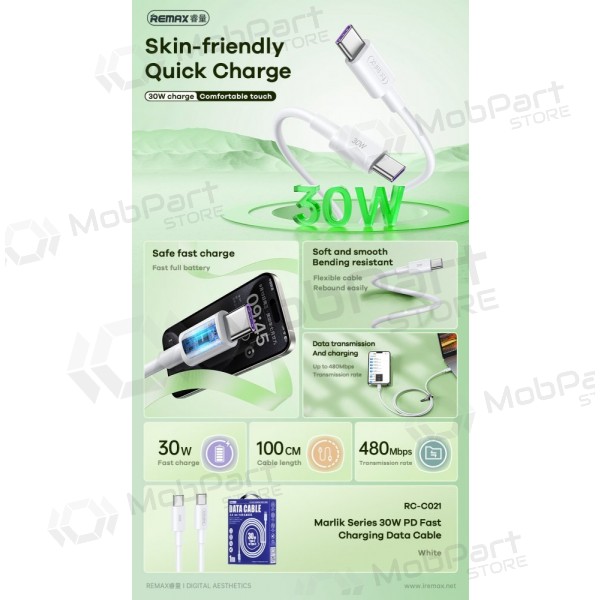 USB kabel Remax RC-C021 USB-C to USB-C 30W 1.0m wit
