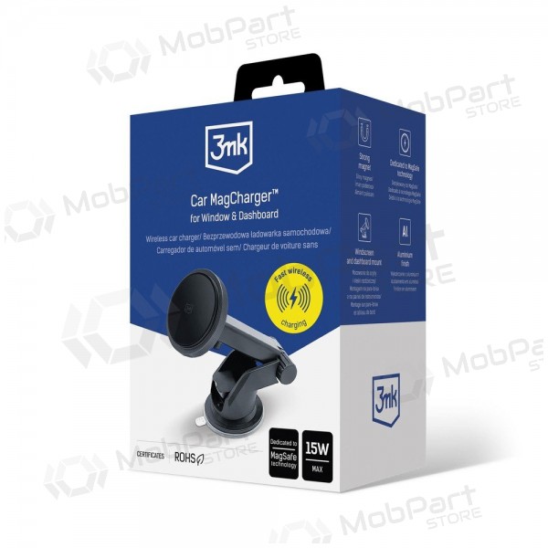 Auto telefoonhouder met draadloos opladen 3MK Car MagCharger 15 W op het dashboard.