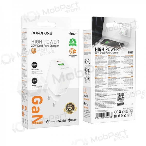 Lader Borofone BN27 20W USB-C/USB-A wit