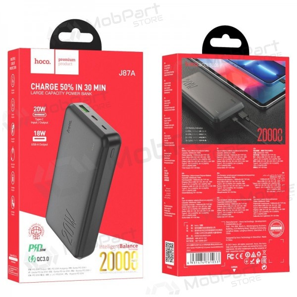 Externe batterij Power Bank Hoco J87A Type-C PD 20W+Quick Charge 3.0 20000mAh zwart