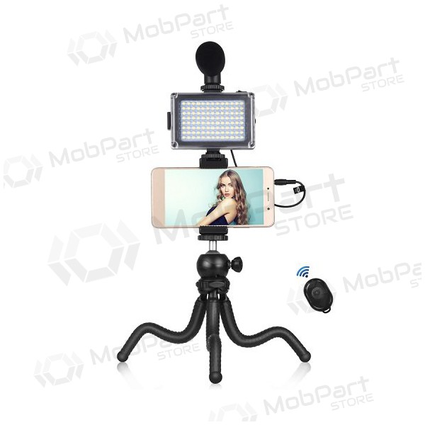 Blogerio rinkinys su lanksčiu stovu, LED apšvietimu, telefono laikikliu en mikrofonu